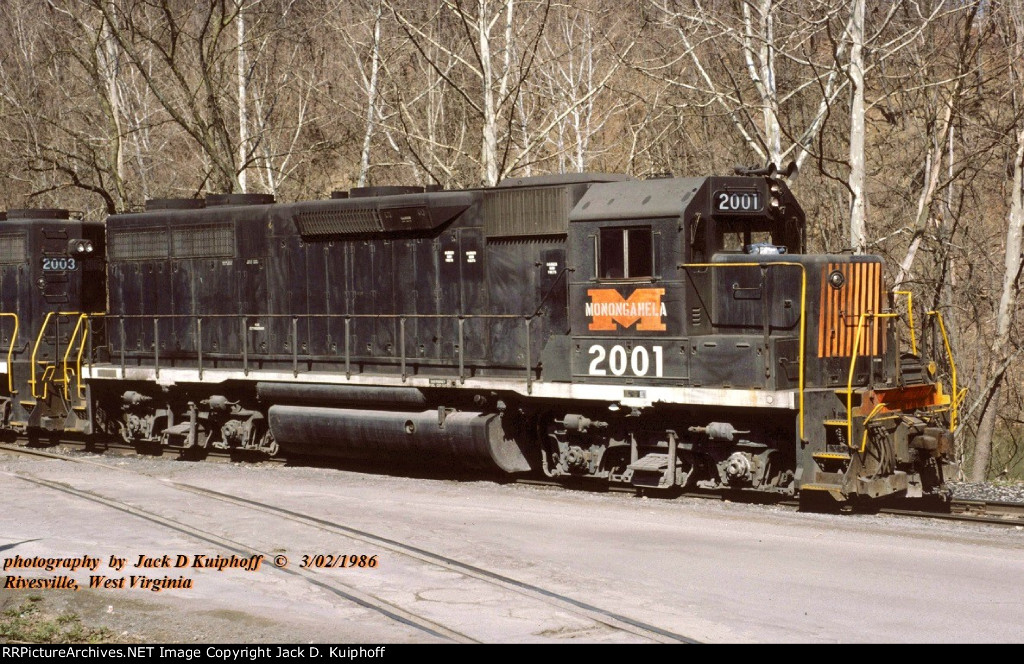 MGA. Monongahela Railway GP38 2001, at Rivesville, West Virginia. March 2, 1986. 